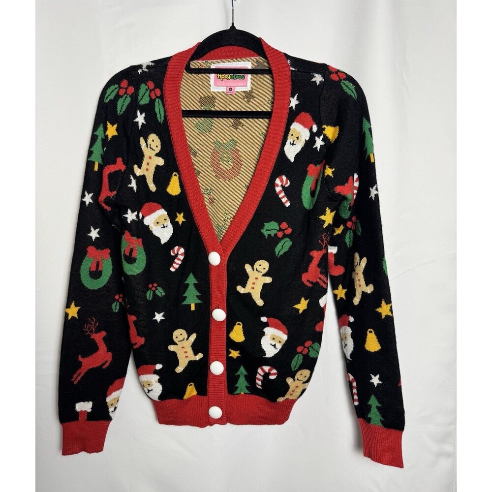 Tipsy Elves Sweater Womens M Black Christmas Cardigan Ugly Santa Reindeer Party